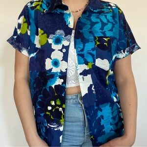 Made in Hawaii Blue and Lime Floral Botton Down Shirt